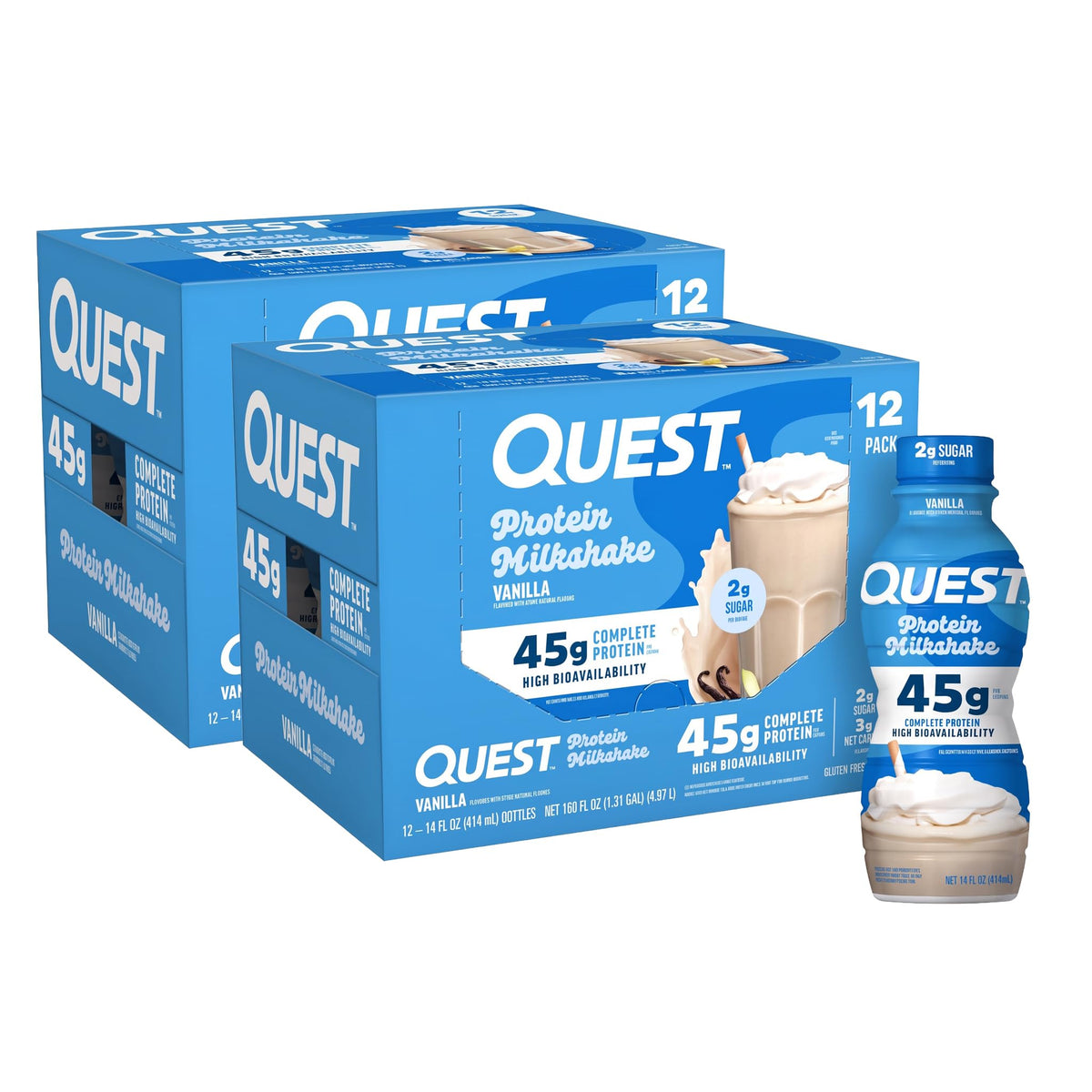 Quest Nutrition Vanilla Protein Shake, 45g Protein, 2g Sugar, 3g Net Carbs, Ready to Drink, Gluten Free, 12 Count
