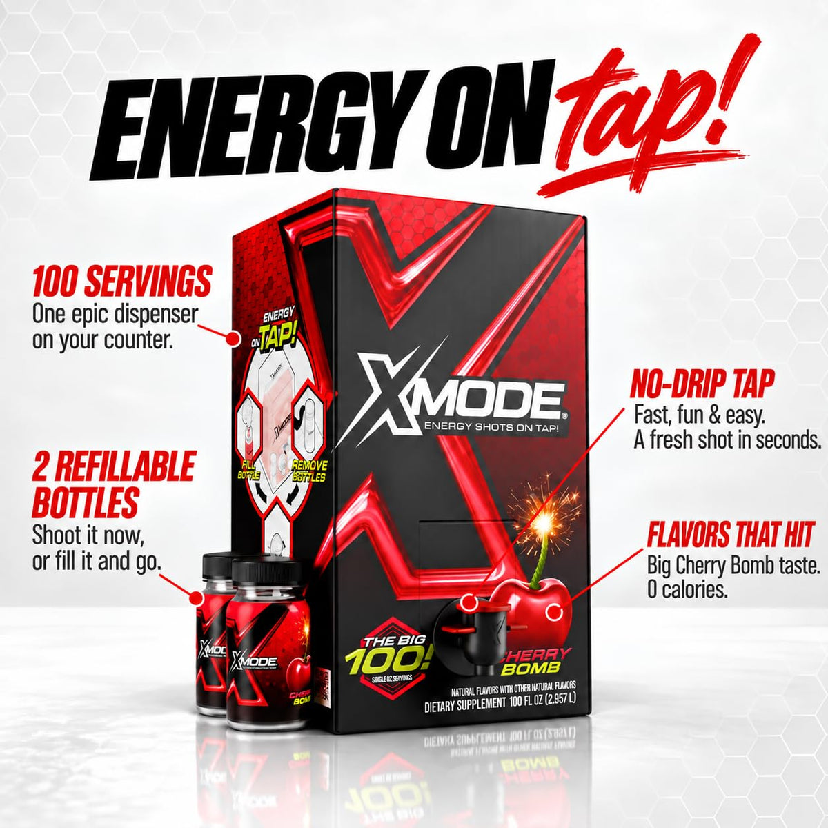 XMODE Extra Strength Energy Shots on Tap – Cherry Bomb Flavor, Sugar Free, 150mg Caffeine per oz, B12, 100 (1oz) Servings, Dispenser with 2 Refillable Bottles