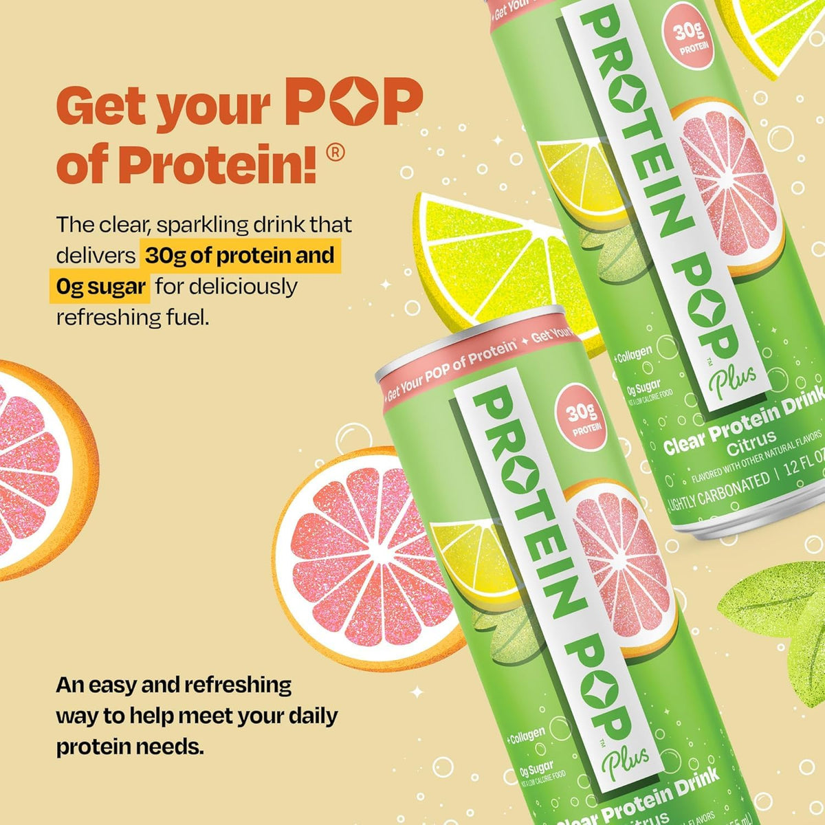 Plus - Sparkling Clear Protein Drink | 30g Whey Protein Isolate + Collagen | Zero Sugar, Lightly Carbonated, No Artificial Sweeteners (Citrus, 12 fl oz, 12 Cans)