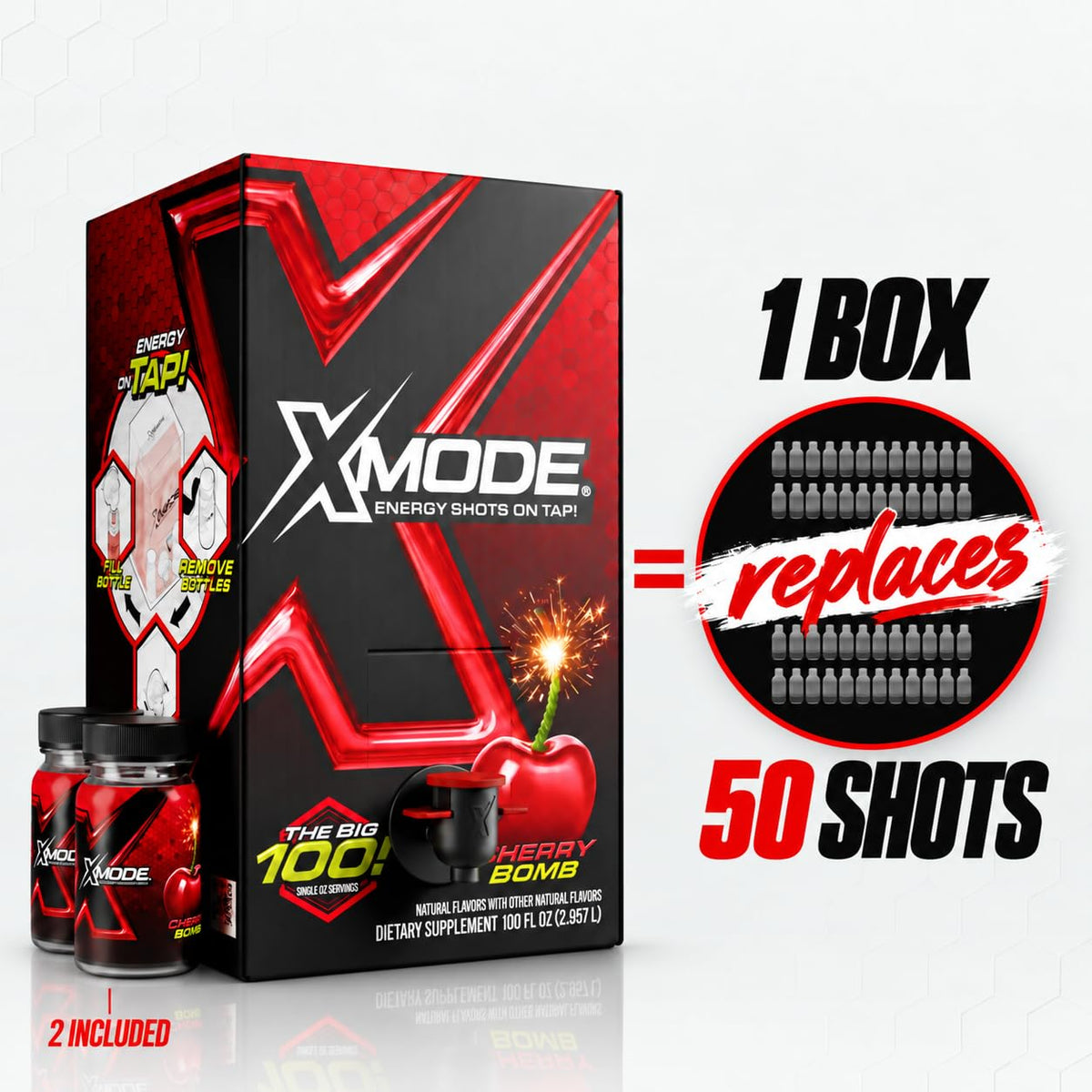 XMODE Extra Strength Energy Shots on Tap – Cherry Bomb Flavor, Sugar Free, 150mg Caffeine per oz, B12, 100 (1oz) Servings, Dispenser with 2 Refillable Bottles