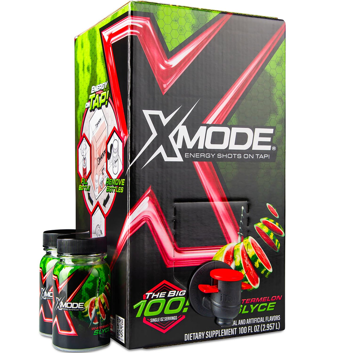 XMODE Extra Strength Energy Shots on Tap – Cherry Bomb Flavor, Sugar Free, 150mg Caffeine per oz, B12, 100 (1oz) Servings, Dispenser with 2 Refillable Bottles