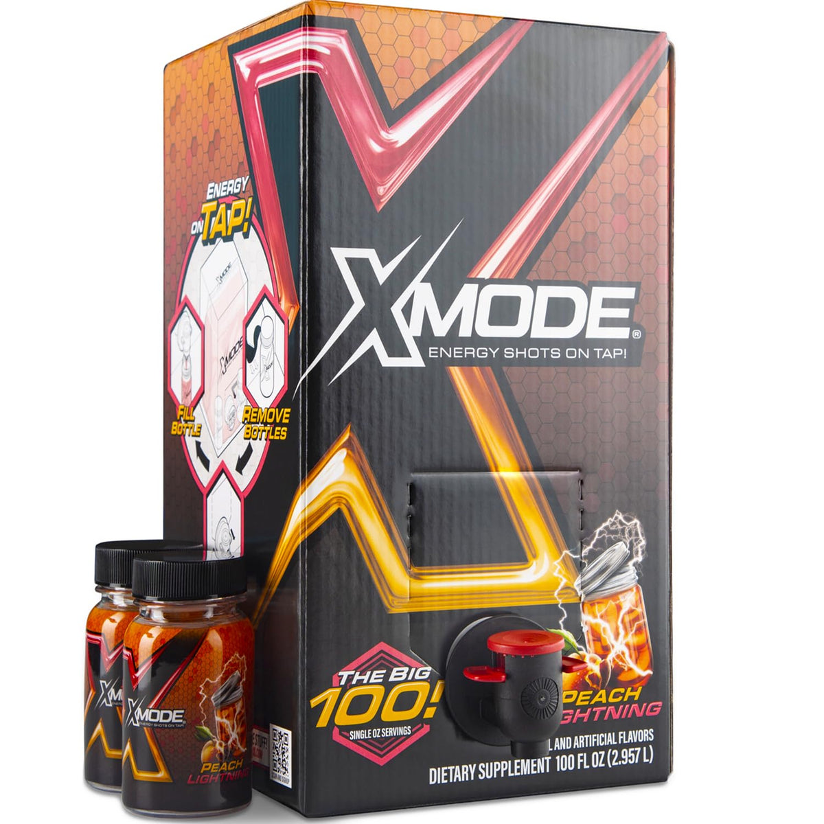 XMODE Extra Strength Energy Shots on Tap – Cherry Bomb Flavor, Sugar Free, 150mg Caffeine per oz, B12, 100 (1oz) Servings, Dispenser with 2 Refillable Bottles