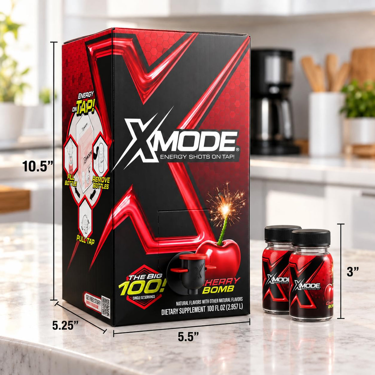 XMODE Extra Strength Energy Shots on Tap – Cherry Bomb Flavor, Sugar Free, 150mg Caffeine per oz, B12, 100 (1oz) Servings, Dispenser with 2 Refillable Bottles