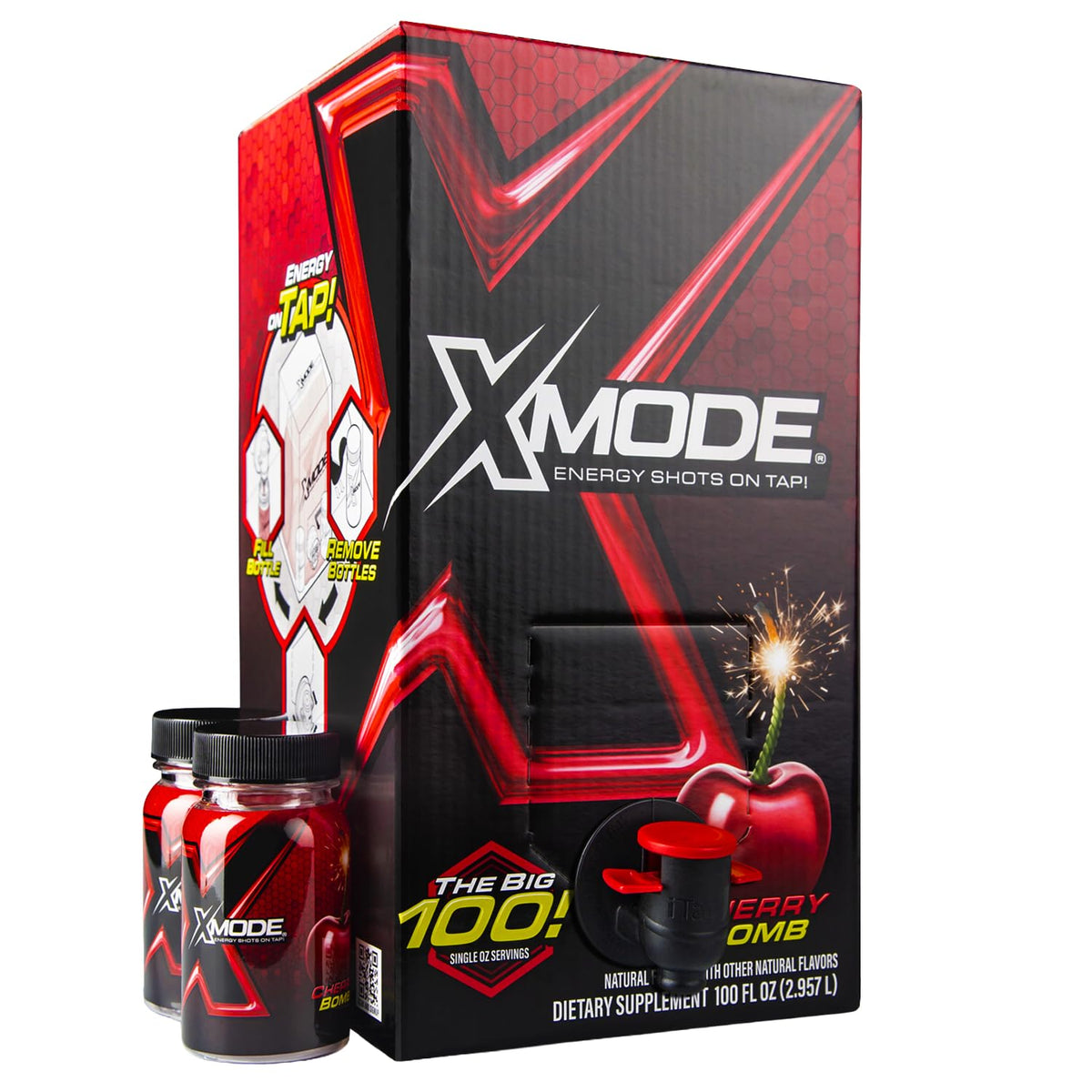 XMODE Extra Strength Energy Shots on Tap – Cherry Bomb Flavor, Sugar Free, 150mg Caffeine per oz, B12, 100 (1oz) Servings, Dispenser with 2 Refillable Bottles
