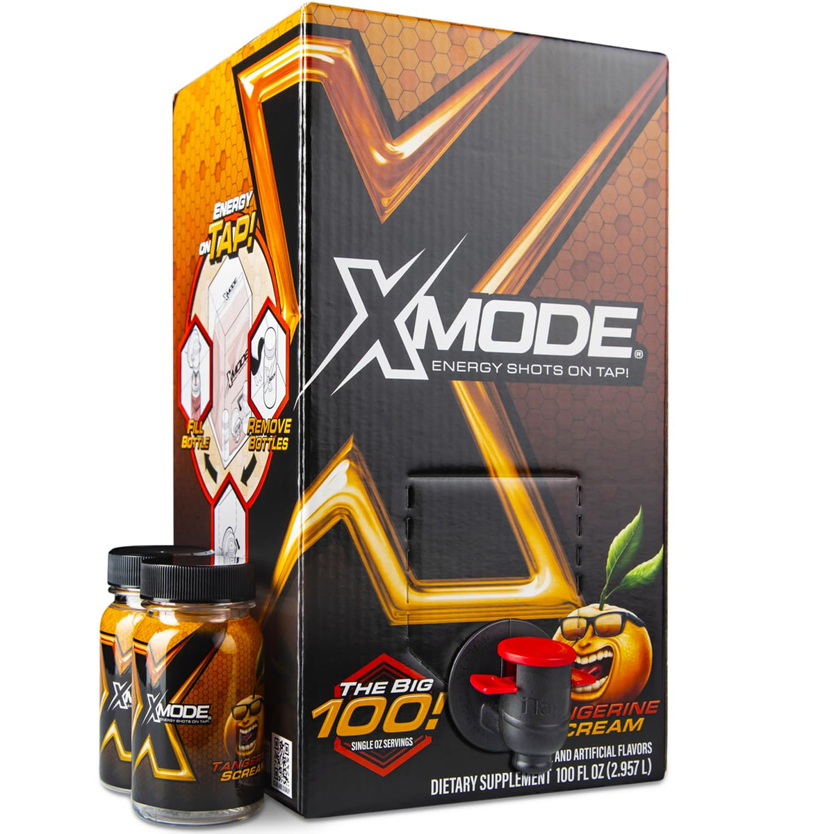 XMODE Extra Strength Energy Shots on Tap – Cherry Bomb Flavor, Sugar Free, 150mg Caffeine per oz, B12, 100 (1oz) Servings, Dispenser with 2 Refillable Bottles