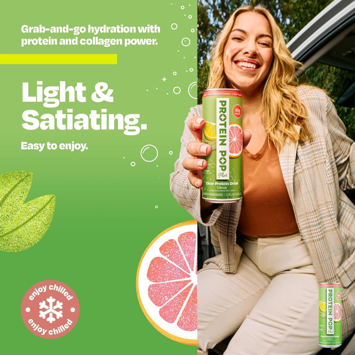 Plus - Sparkling Clear Protein Drink | 30g Whey Protein Isolate + Collagen | Zero Sugar, Lightly Carbonated, No Artificial Sweeteners (Citrus, 12 fl oz, 12 Cans)
