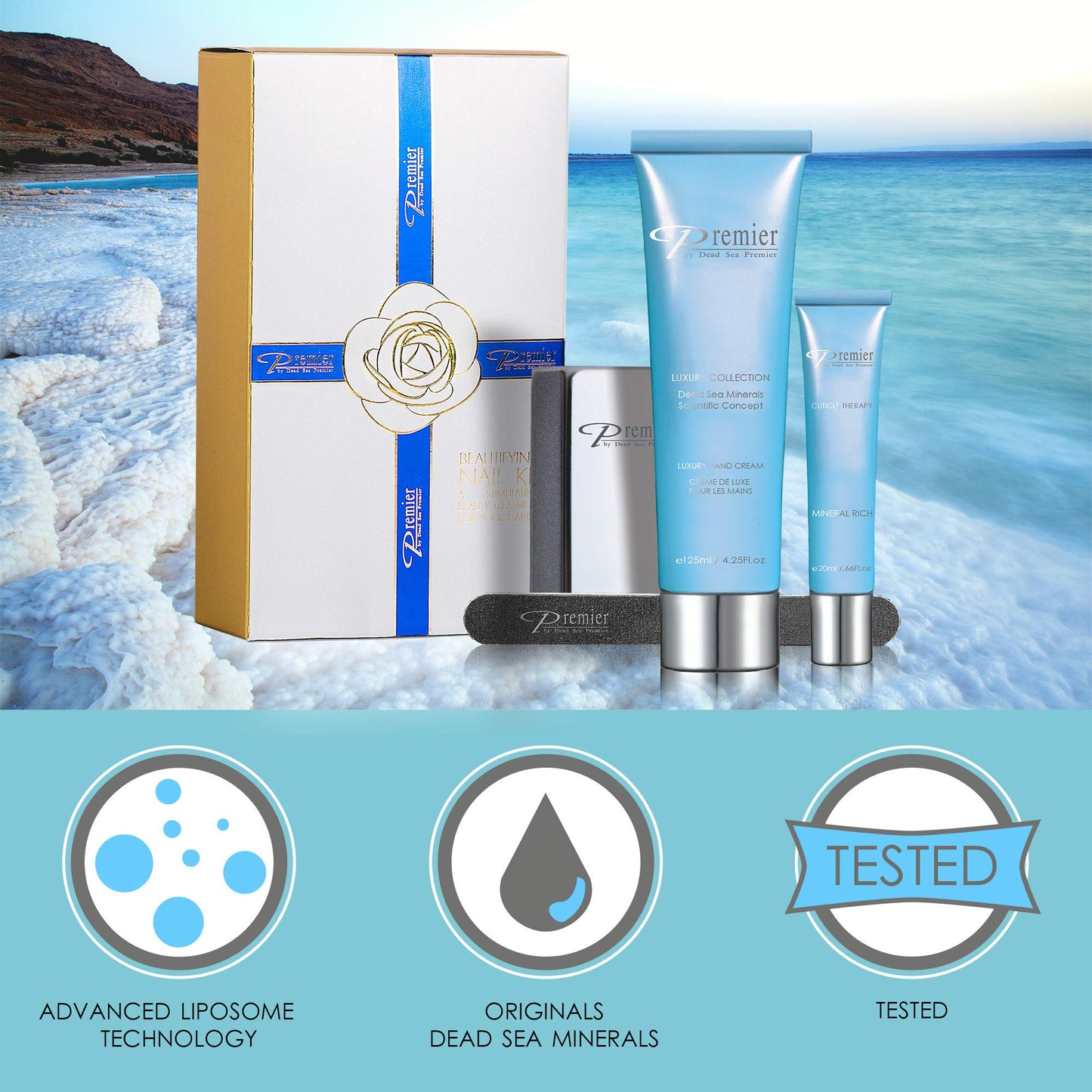 Premier Dead Sea Nail Care Kit, Nail File Buffer Set, Cuticle Oil and Hand Cream, Dead Sea Minerals, File and Buffer Block, Manicure Kit for Women (Milk and Honey)