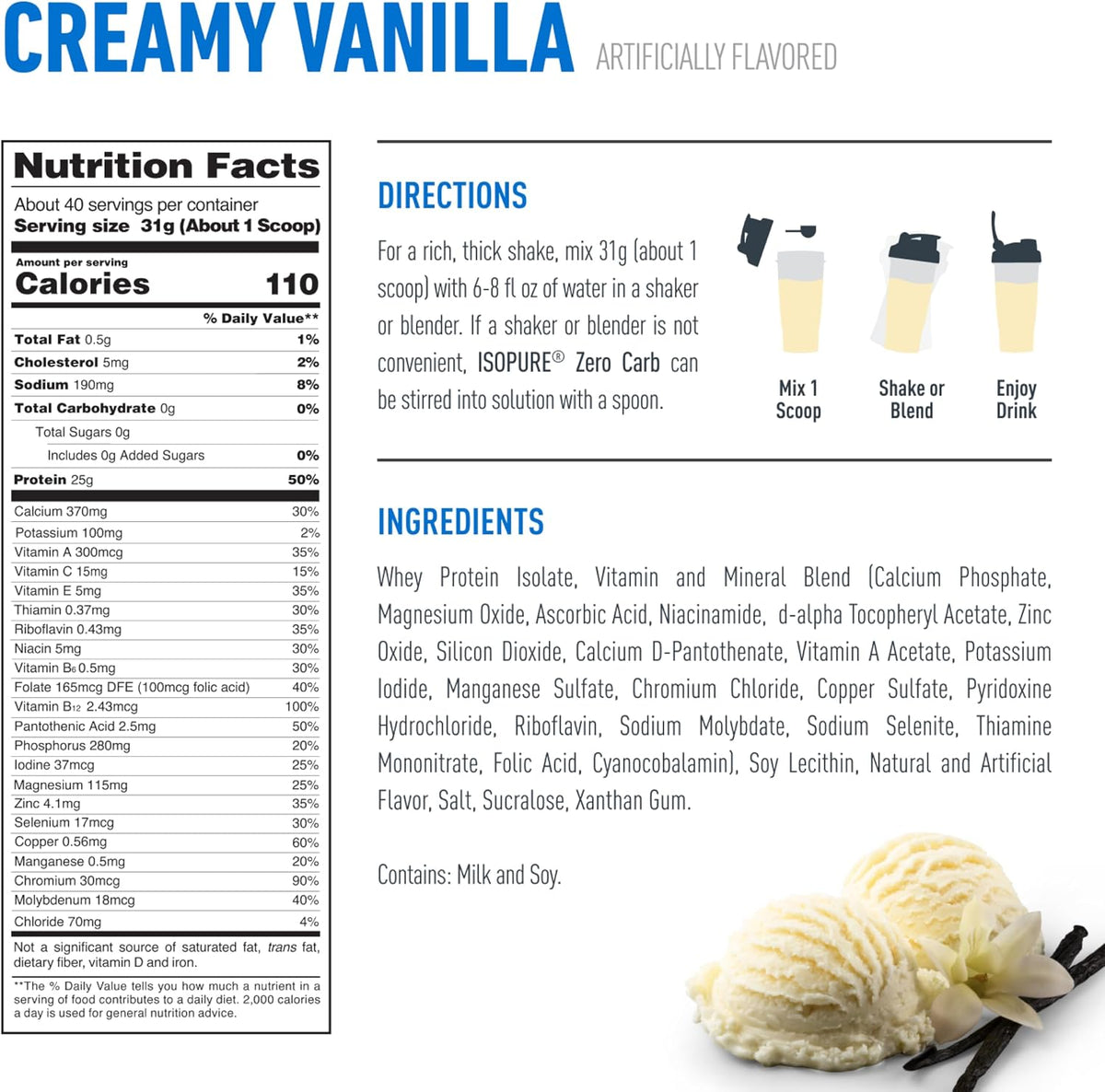 Isopure Zero Carb Whey Isolate Protein Powder, Creamy Vanilla 3 LB