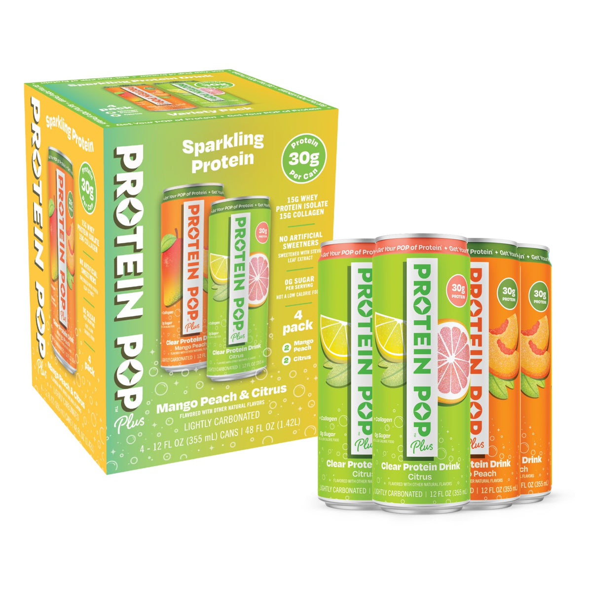 Plus - Sparkling Clear Protein Drink | 30g Whey Protein Isolate + Collagen | Zero Sugar, Lightly Carbonated, No Artificial Sweeteners (Citrus, 12 fl oz, 12 Cans)