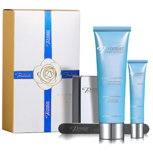 Premier Dead Sea Nail Care Kit, Nail File Buffer Set, Cuticle Oil and Hand Cream, Dead Sea Minerals, File and Buffer Block, Manicure Kit for Women (Milk and Honey)