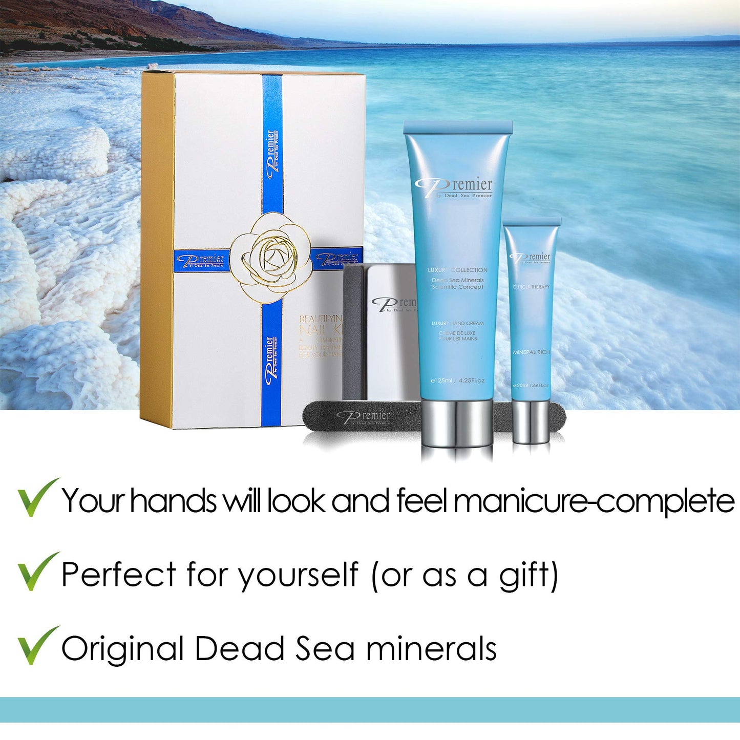 Premier Dead Sea Nail Care Kit, Nail File Buffer Set, Cuticle Oil and Hand Cream, Dead Sea Minerals, File and Buffer Block, Manicure Kit for Women (Milk and Honey)